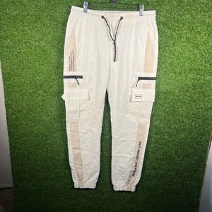 Rock Salt Mens Cream Cargo Jogger Pants Graphic Text Streetwear Size Large